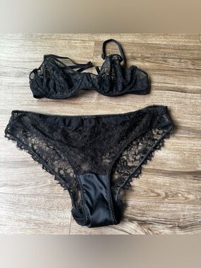 Morgan Lane Black Lace Underwire Bra & Bikini Brief Set 34B Large
